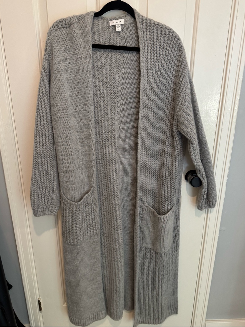Topshop Light Gray Open-Front Long Knit Cardigan with Pockets